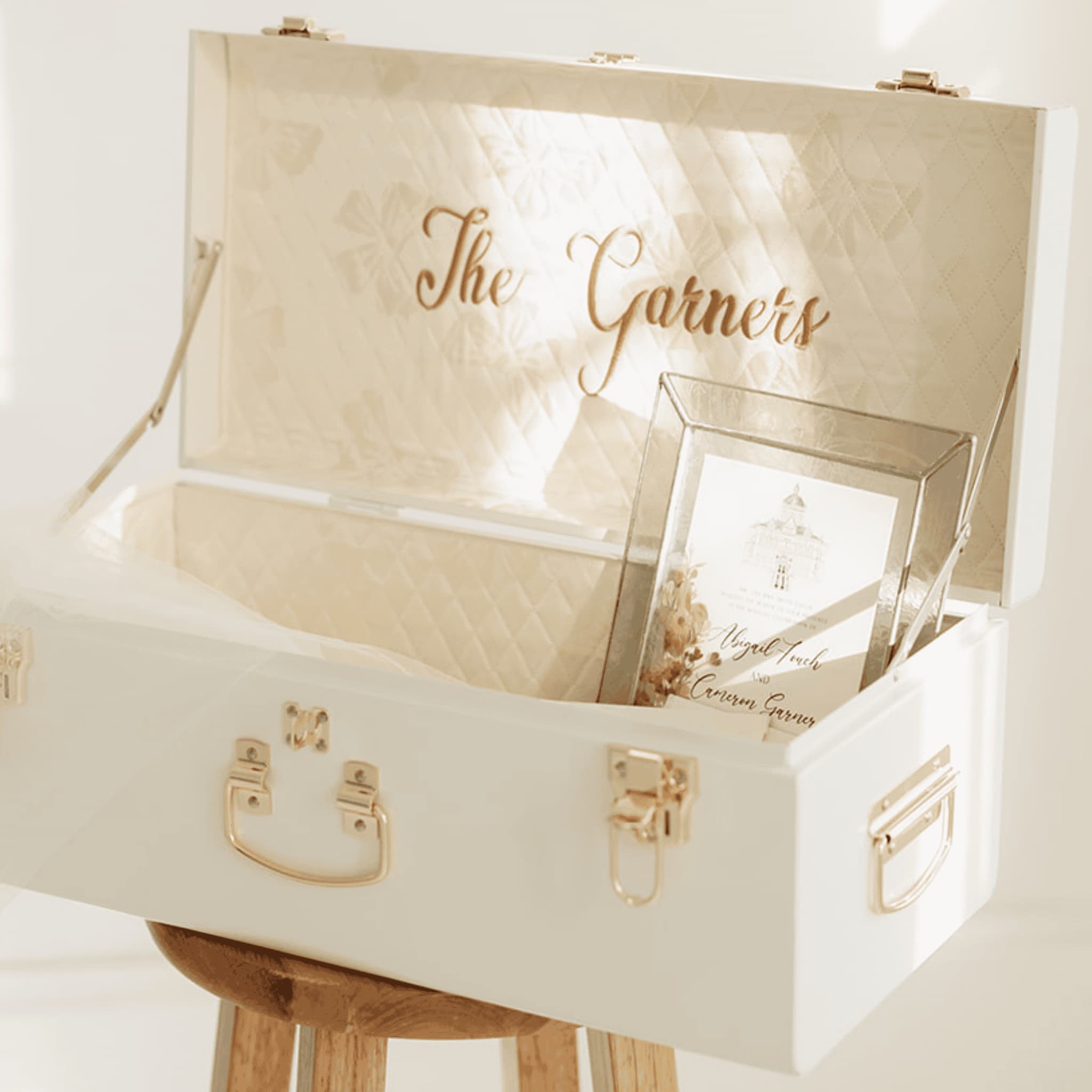 White keepsake box with 'The Garners' branding on a white background